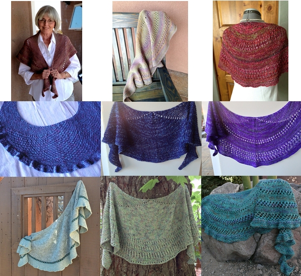 A collage of 10 shawls all knit from the same pattern named Mapes.